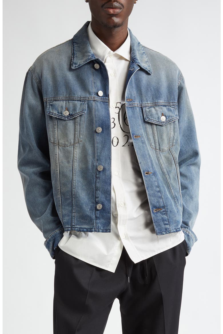 Raw Hem Denim Trucker Jacket, Main, color, GREY BLUE