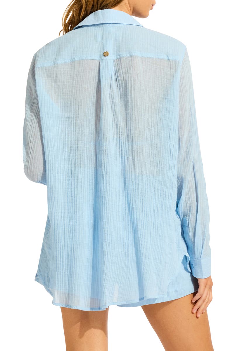 Seafolly Breeze Beach Button-Up Cotton Gauze Cover-Up Shirt, Alternate, color, Cornflower