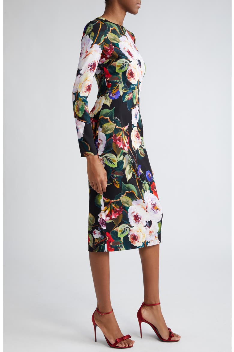 Floral Print Long Sleeve Charmeuse Sheath Dress, Alternate, color, NERO