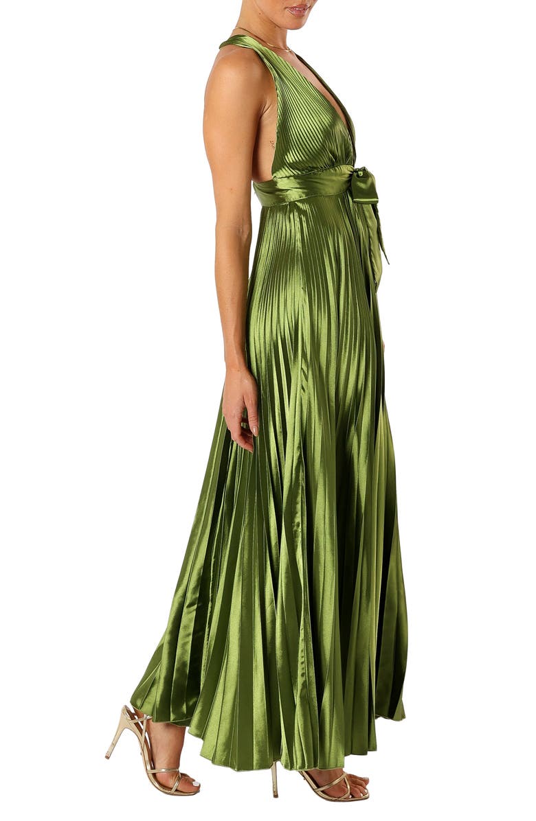 Petal & Pup Kris Plunge Neck Pleated Satin Gown, Alternate, color, Martini Olive