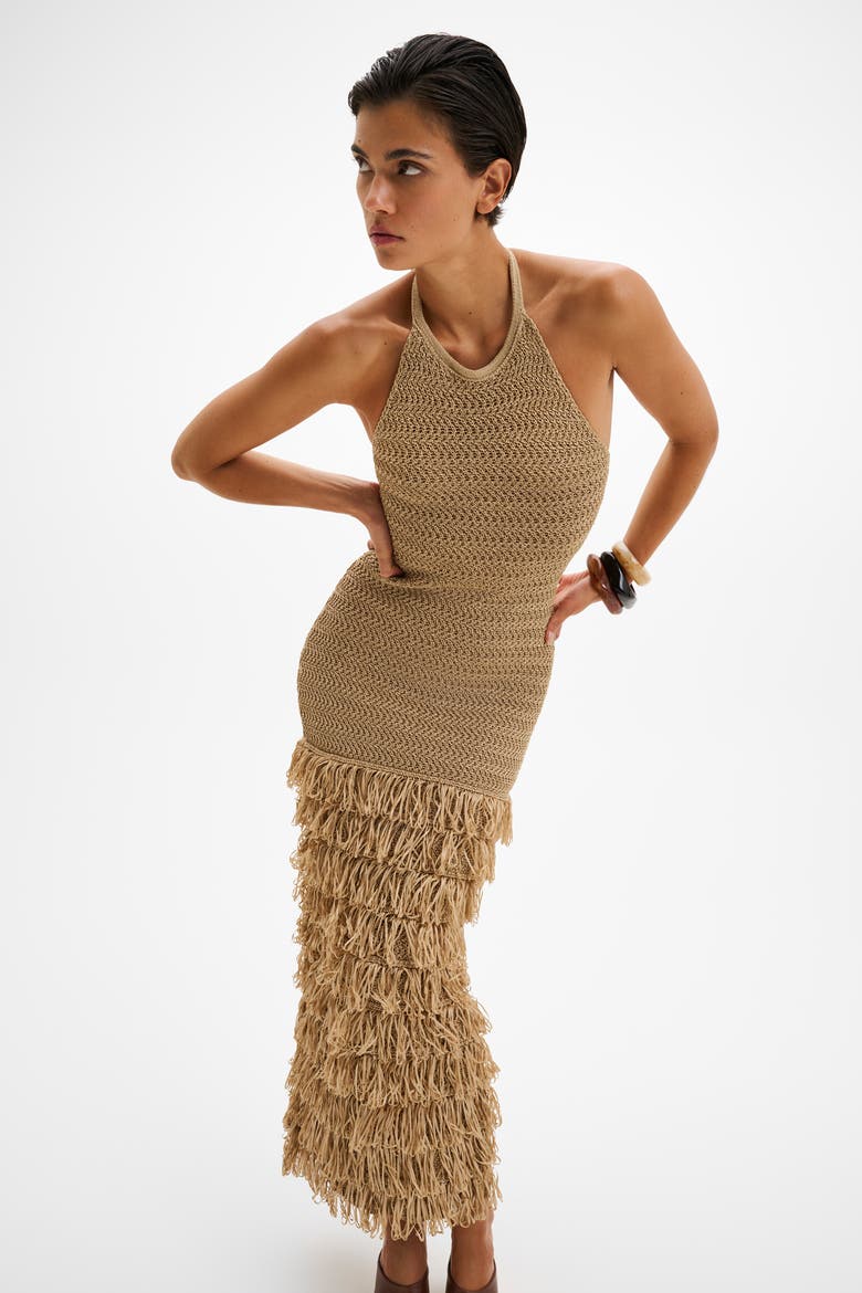 Elissa Halterneck Fringe Maxi Dress, Alternate, color, Sand