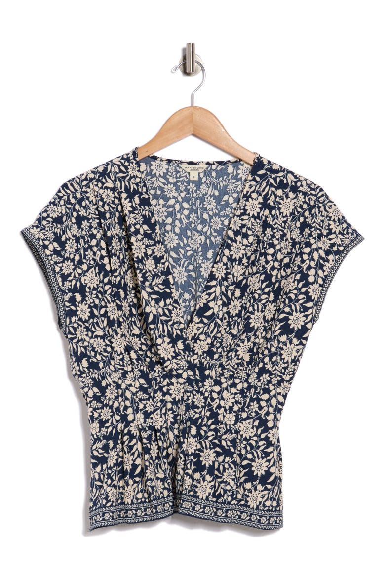 V-Neck Short Sleeve Pleated Top, Alternate, color, DARK NAVY SILHOUETTE