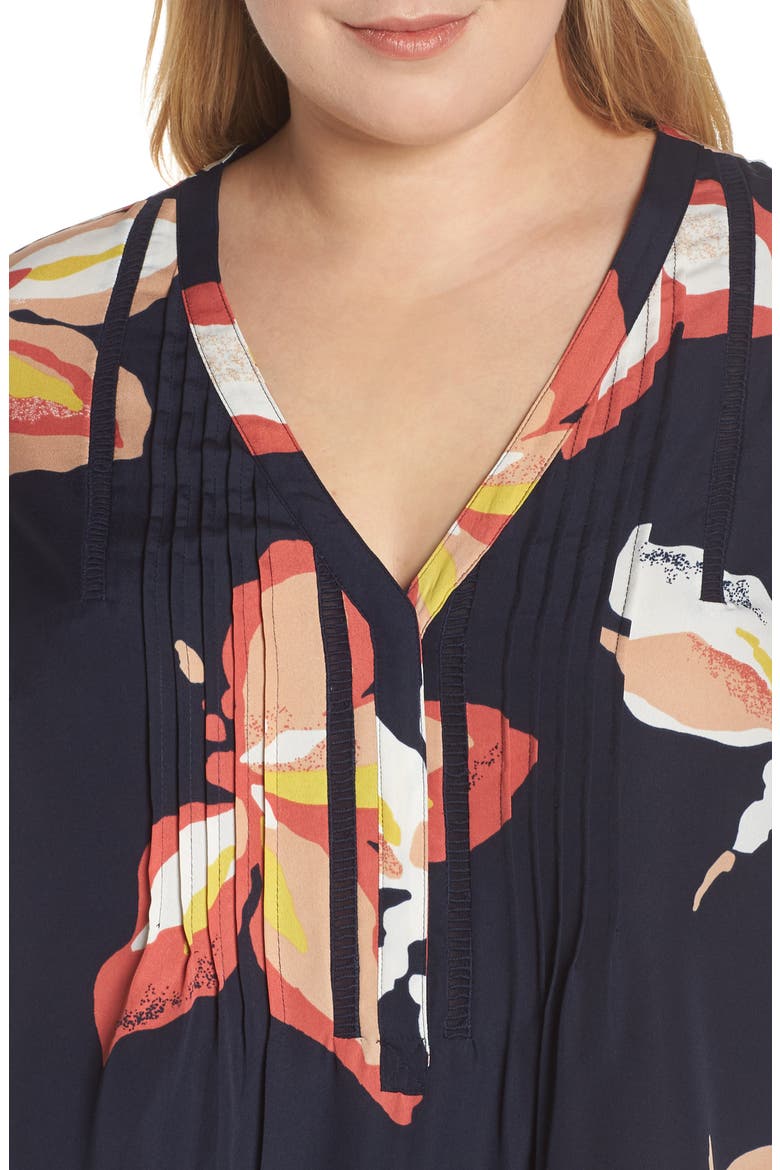 Daniel Rainn Floral Print Pintuck Top, Alternate, color, F369 INDIGO