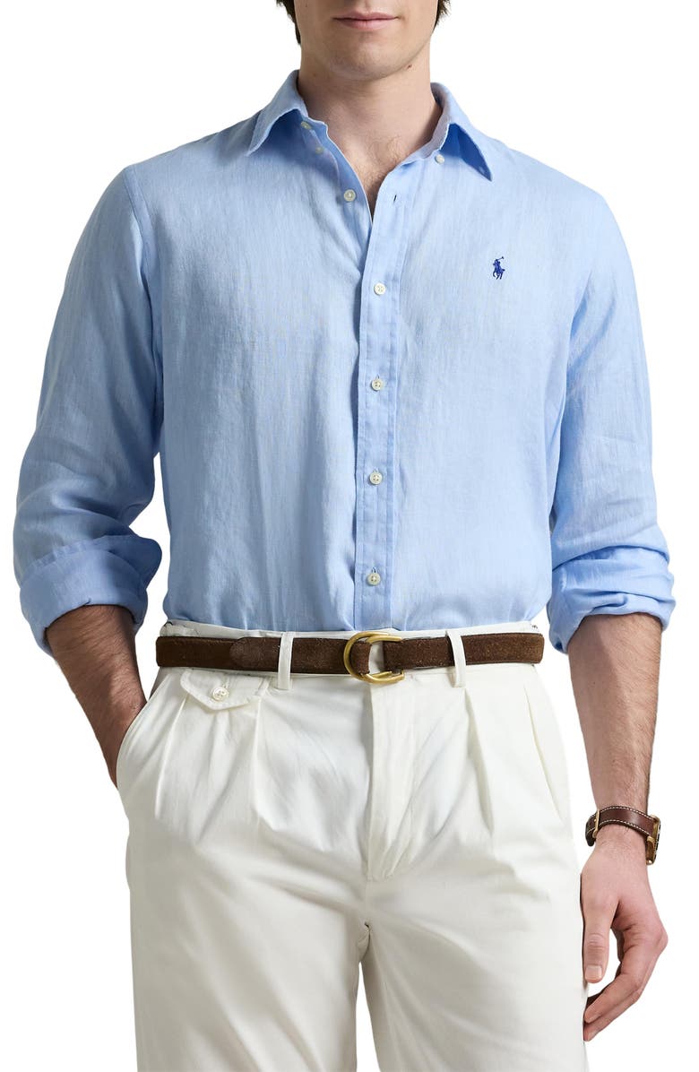 Polo Ralph Lauren Classic Fit Solid Blue Linen Button-Down Shirt, Main, color, 