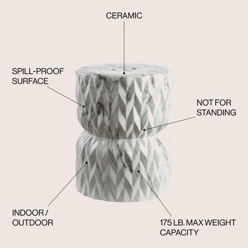 Jonathan Y Chevron Drum 17.5" Marble Finish Ceramic Garden Stool In White Marble Finish