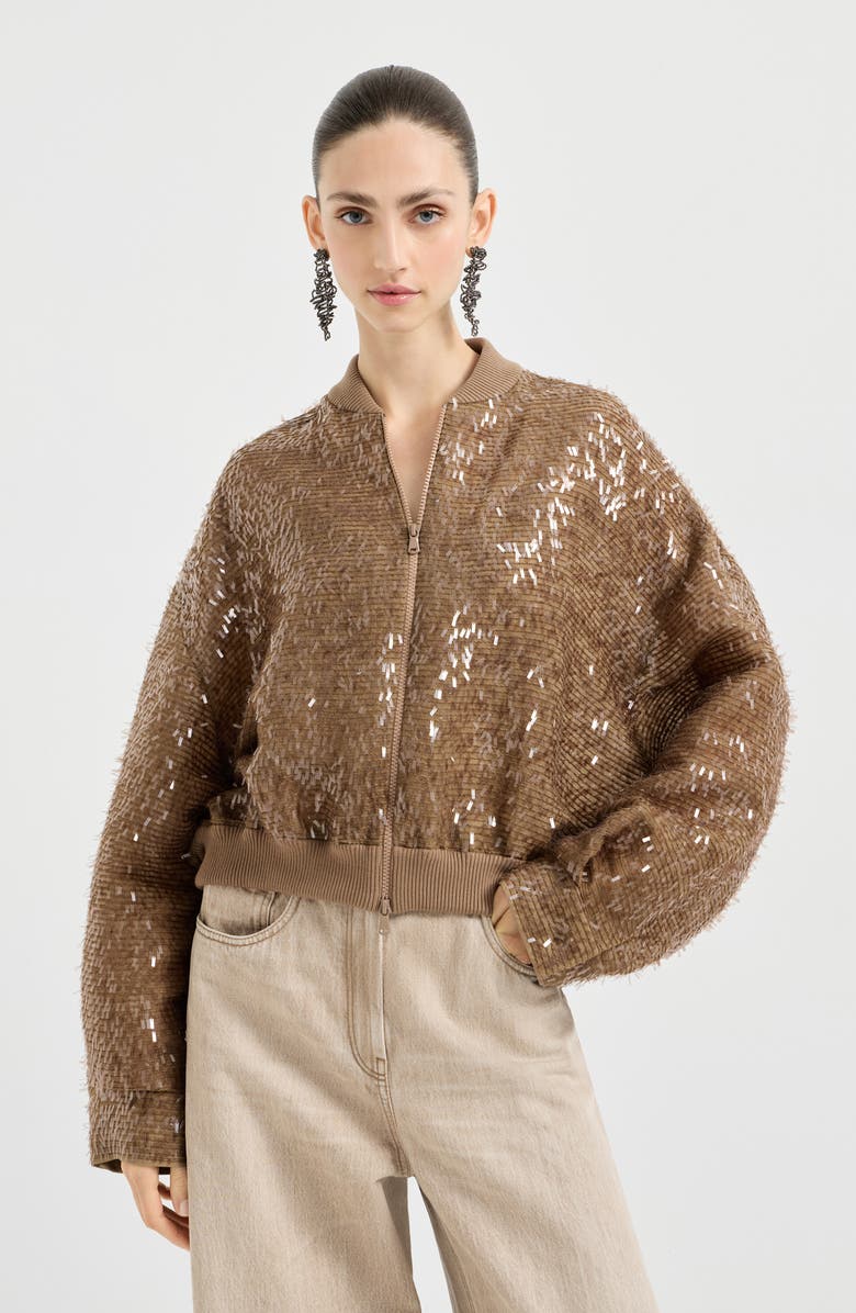 Brunello Cucinelli Dazzling Embroidery Bomber, Alternate, color, Beige