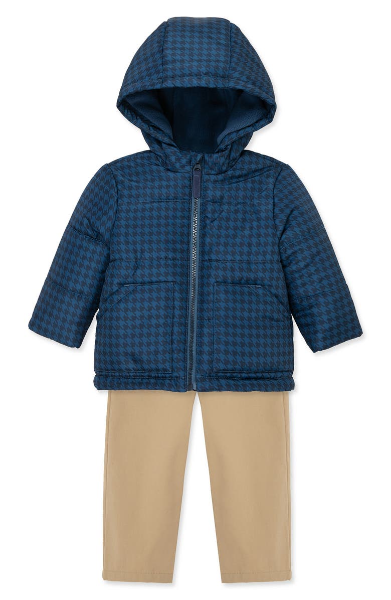 Little Me Houndstooth Hooded Puffer Jacket, Shirt & Pants Set, Alternate, color, Blue