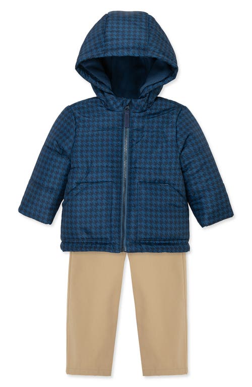 Little Me Houndstooth Hooded Puffer Jacket, Shirt & Pants Set In Blue