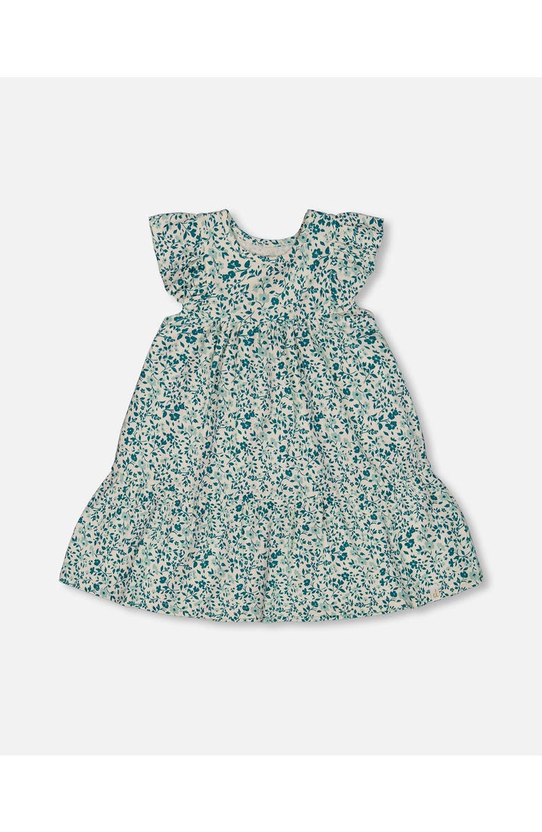 Deux par Deux Girl's Printed Organic Cotton Dress Small Turquoise Flowers, Main, color,
