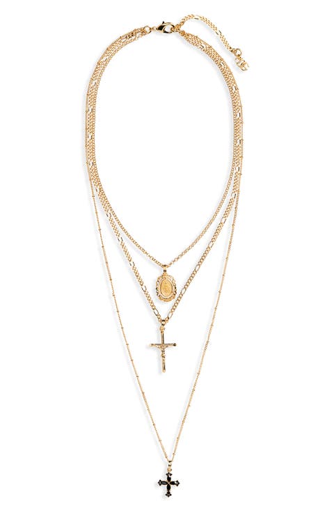 Rosary Cross Layered Pendant Necklace