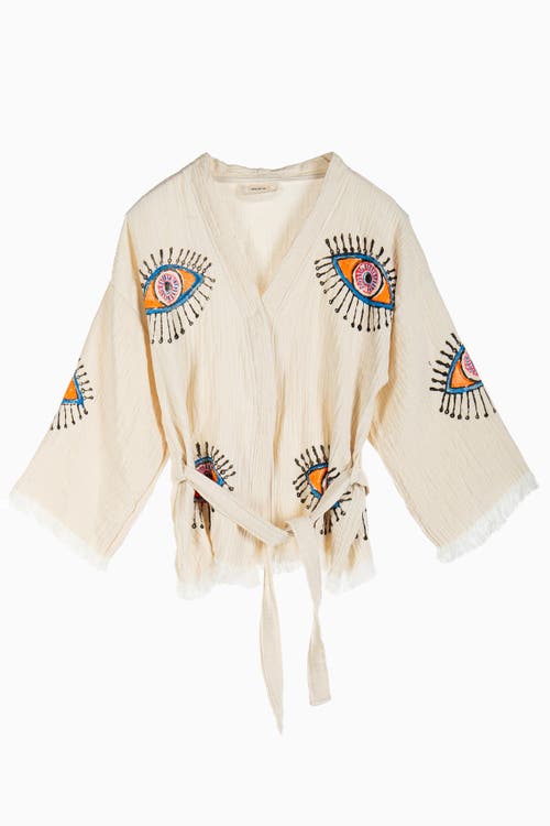 Forever & Always Shoes Sereia Evil Eye Handmade Cotton Short Kimono In Off-white