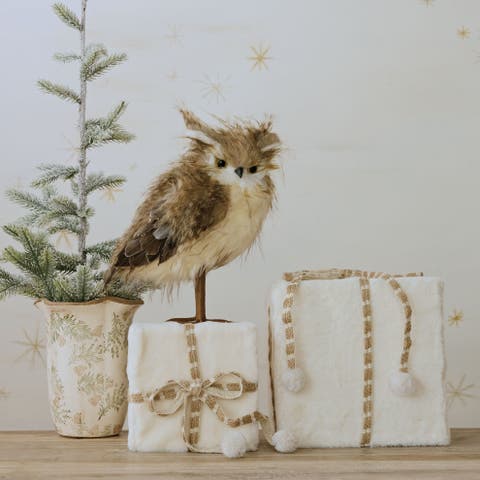 Feather Owl Figurine in White and Brown Polyester