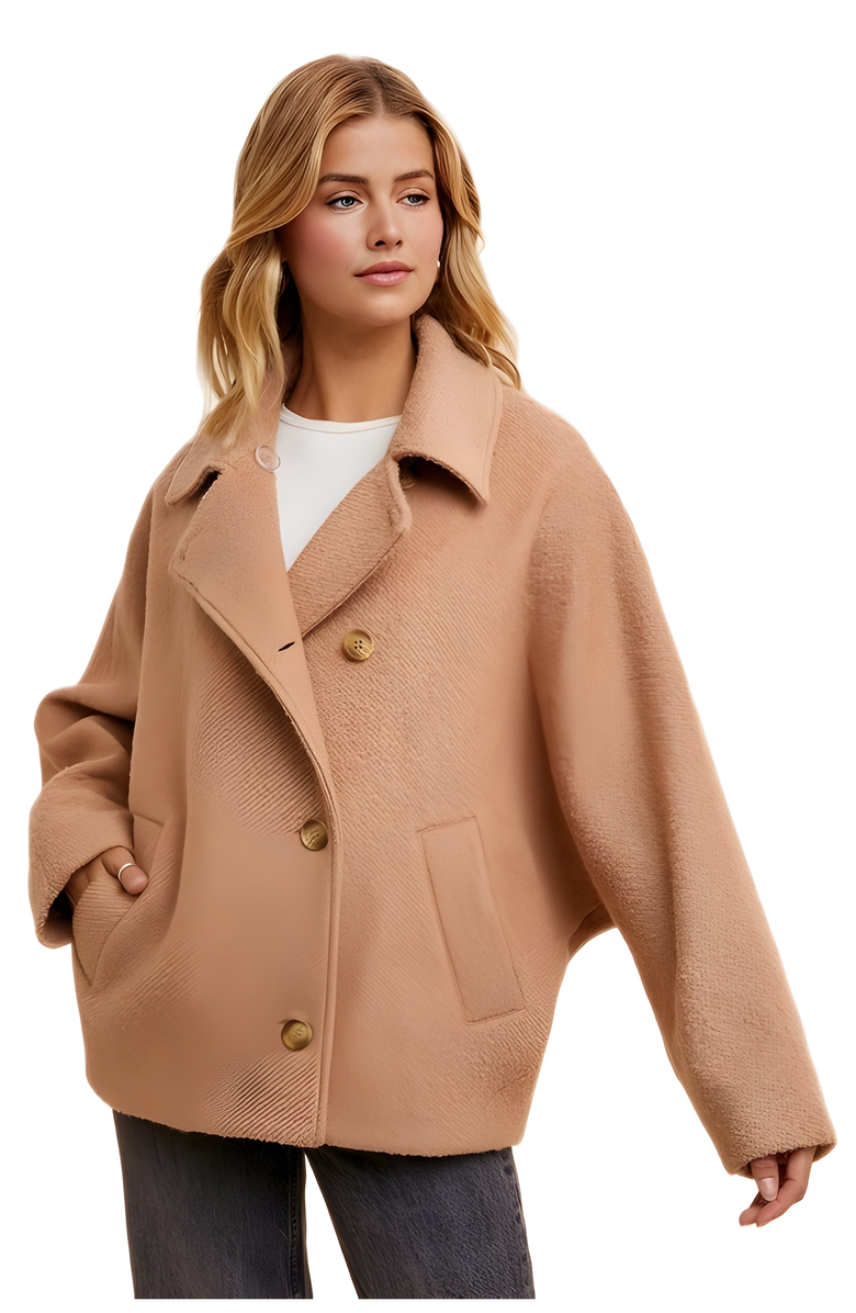 Knit and Lounge Cropped Wool-Blend Coat With Oversized Lapels And Drop Shoulders, Alternate, color, Camel