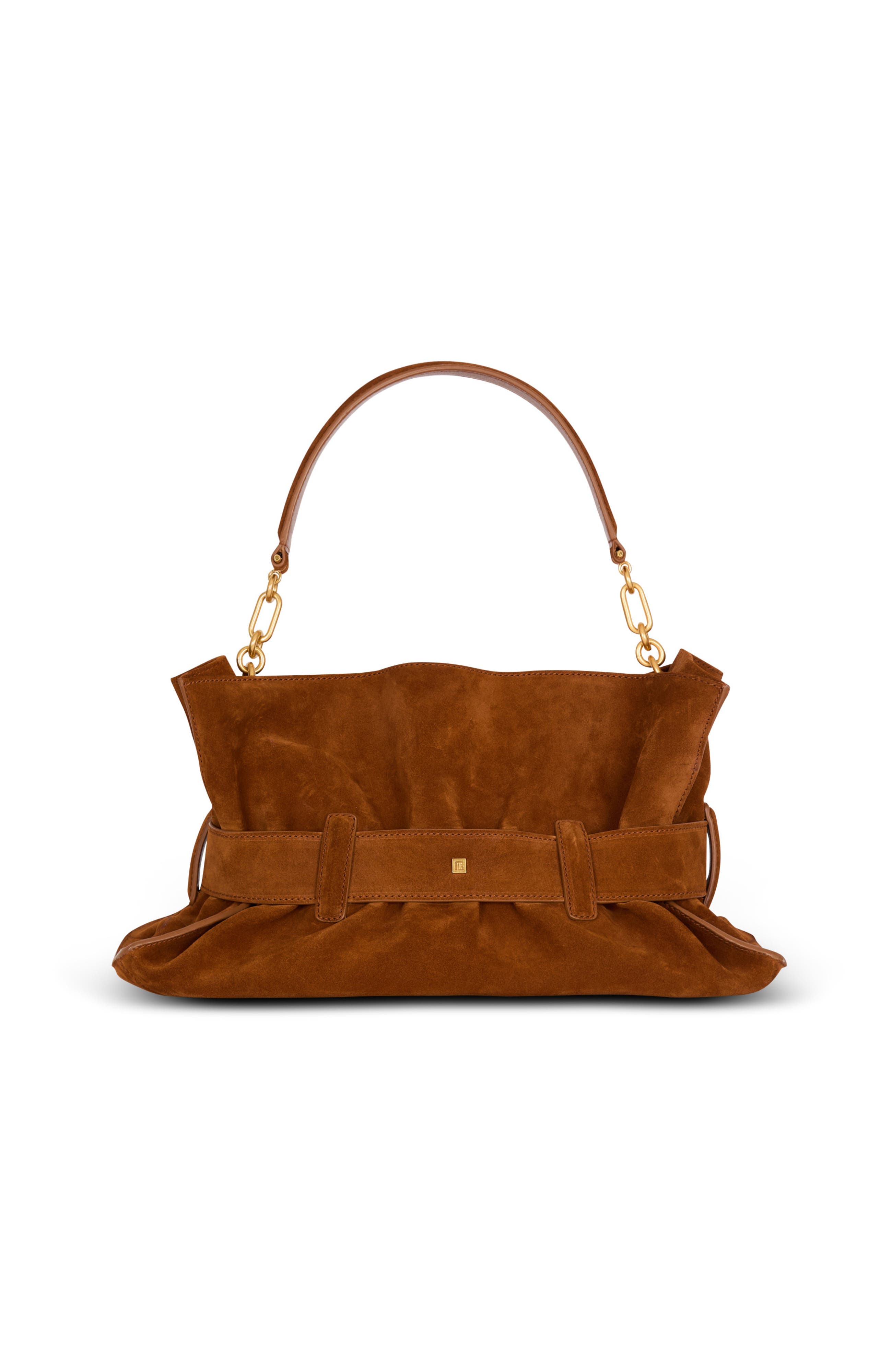 Balmain Anthem Medium suede leather bag, Alternate, color, Brown
