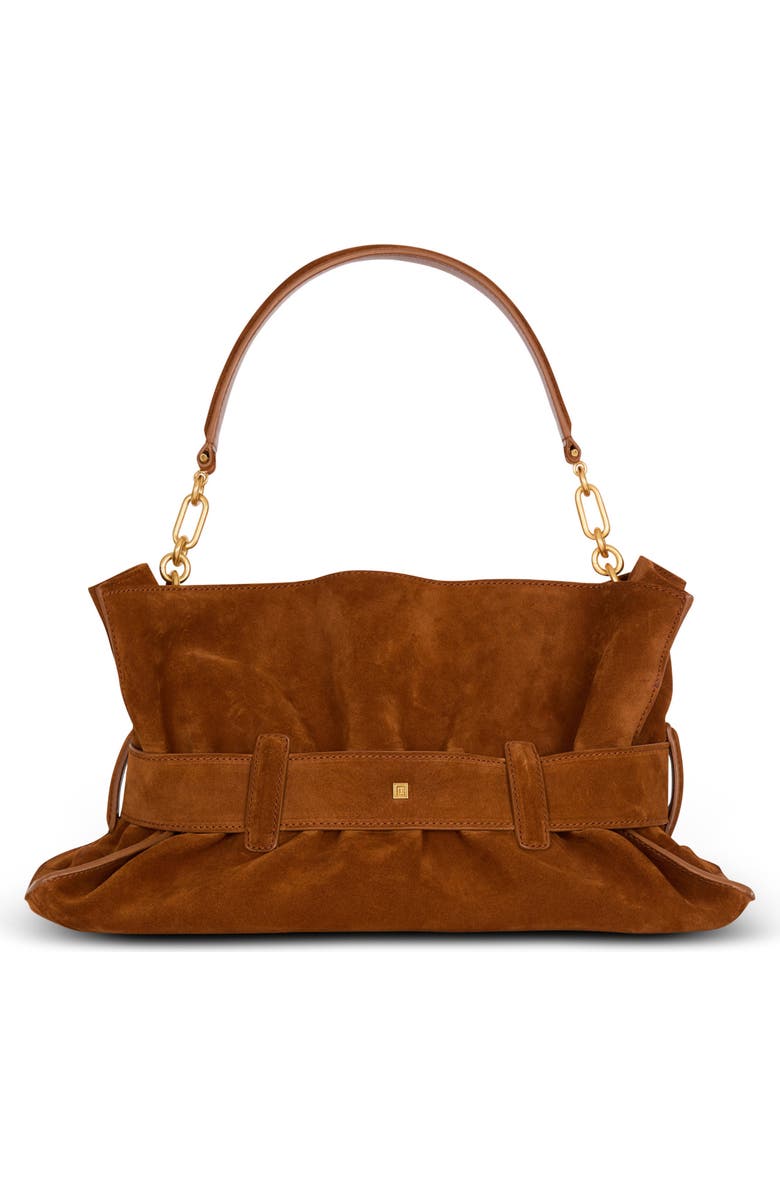 Balmain Anthem Medium suede leather bag, Alternate, color, Brown