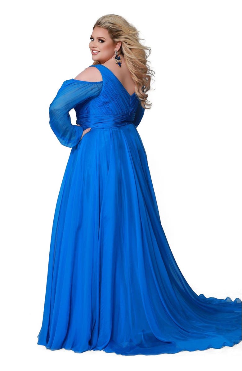 Johnathan Kayne for Sydney's Closet Cold Shoulder Chiffon Plus Size A-Line Evening Gown, Alternate, color, Bluejay
