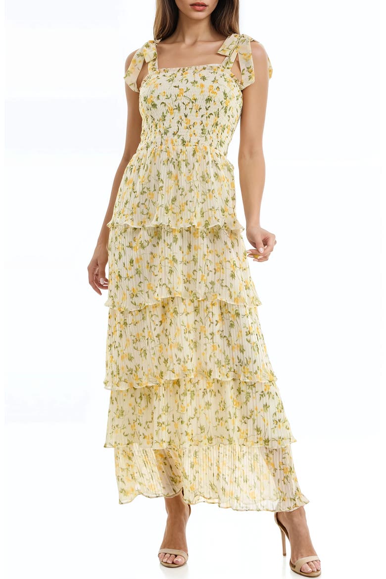 Floral Print Pleated Tier Maxi Dress, Main, color, YELLOW DITSY