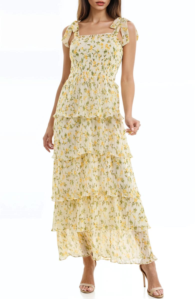 Socialite Floral Print Pleated Tier Maxi Dress, Main, color, Yellow Ditsy