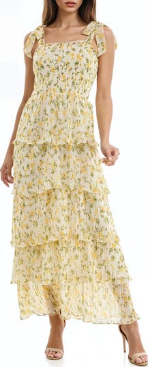 Floral Print Pleated Tier Maxi Dress