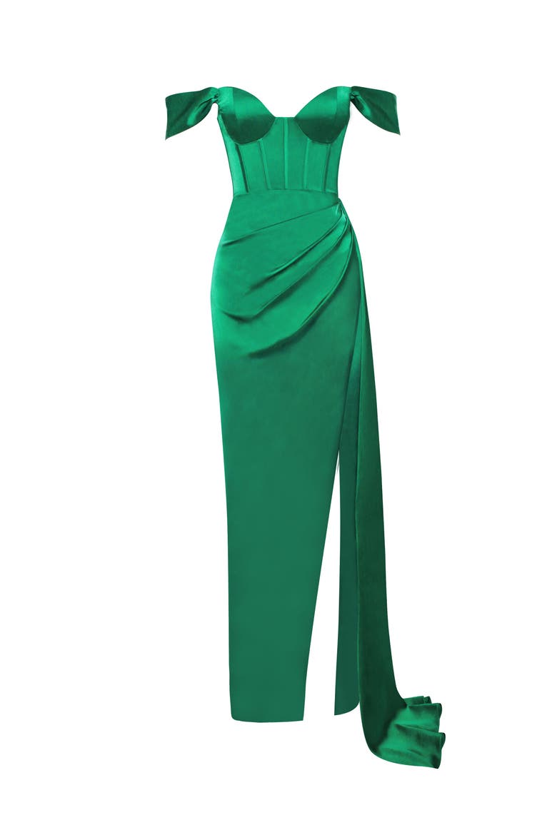 Zayda Draped Satin Corset Gown, Alternate, color, Green