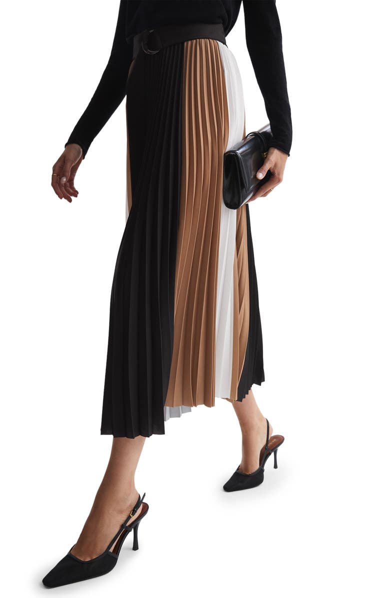 Reiss Ava Colorblock Belted Pleated Midi Skirt, Alternate, color, 