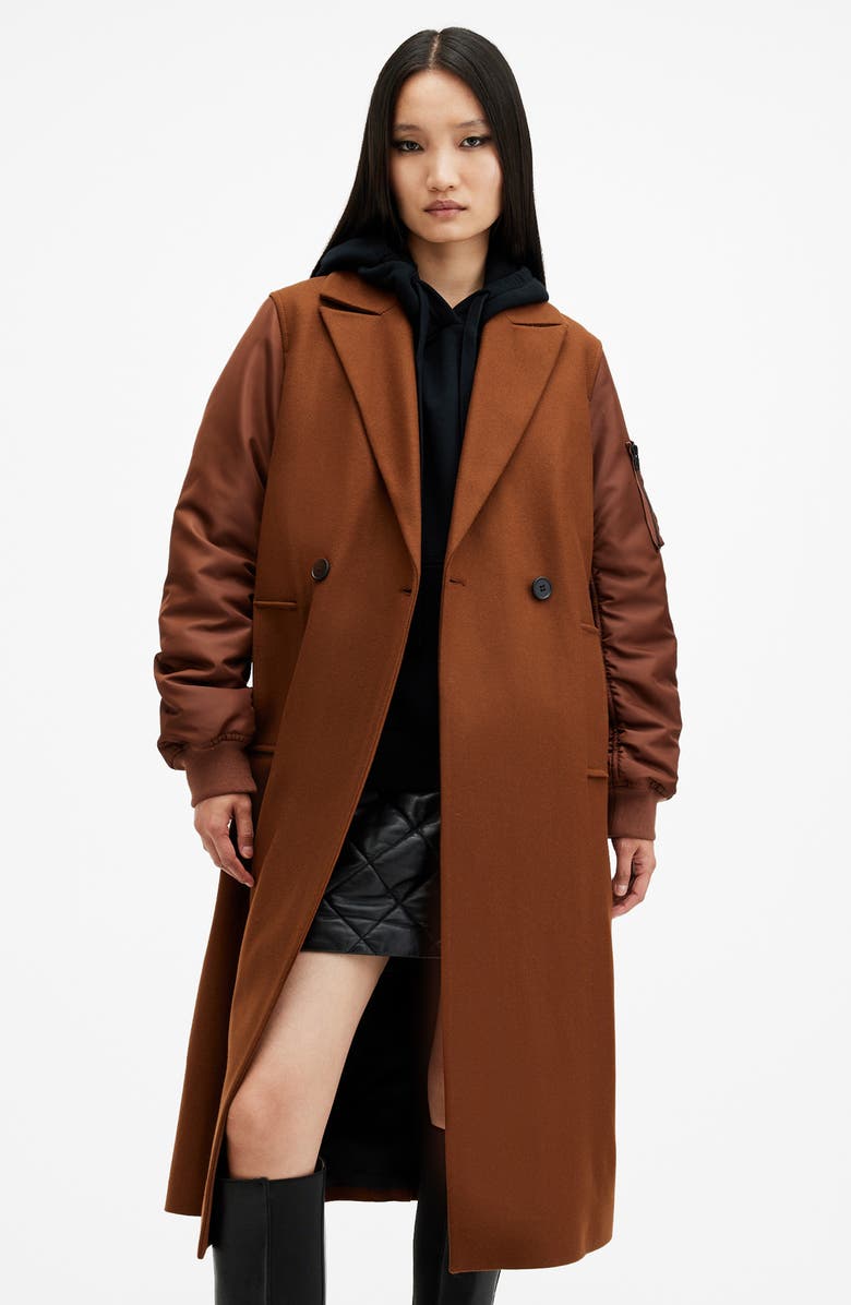 AllSaints Paulah Mixed Media Wool Blend Coat, Alternate, color, Sugar Brown
