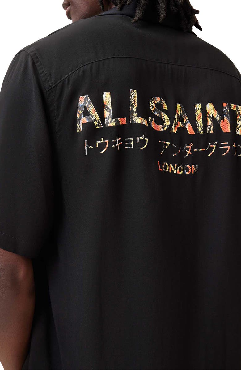 AllSaints Underground Bowa Logo Short Sleeve Button-Up Shirt, Alternate, color, 