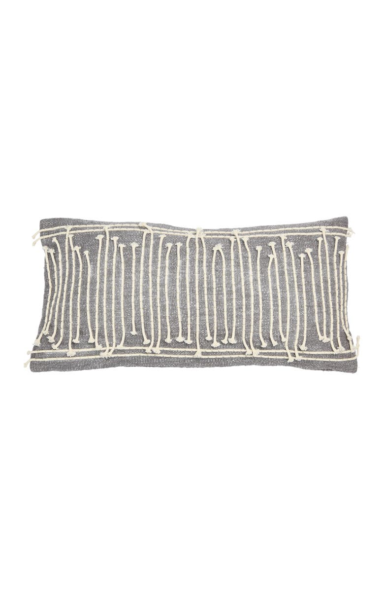 Storied Home Cotton Lumbar Pillow with Appliqued Rope and Metallic Embroidery, Main, color, Grey