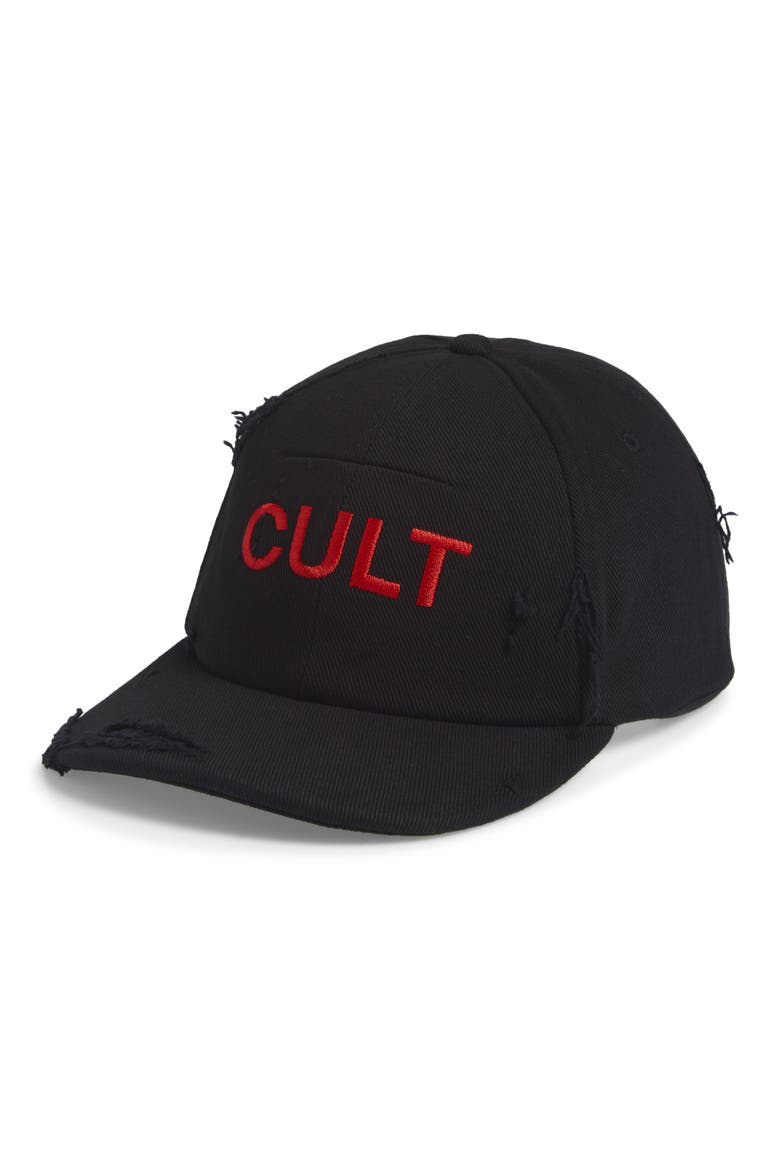 Gender Inclusive Cult Distressed Cotton Twill Baseball Cap, Main, color, BLACK
