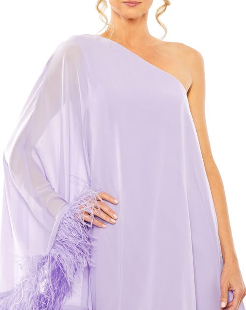 MAC DUGGAL MAC DUGGAL ONE SHOULDER TRAPEZE DRESS WITH FEATHER TRIM