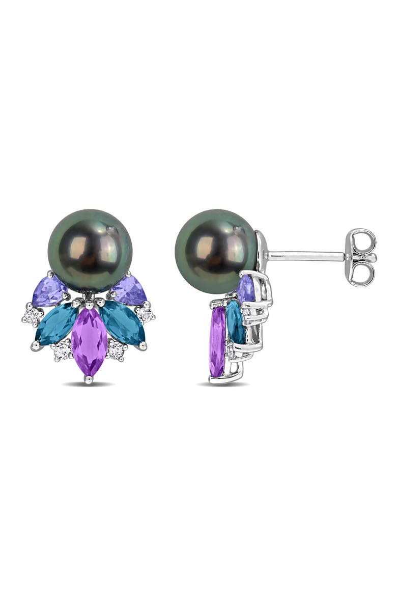 8-8.5mm Cultured Tahitian Pearl & Gemstone Cluster Earrings, Main, color, SILVER/ MULTI