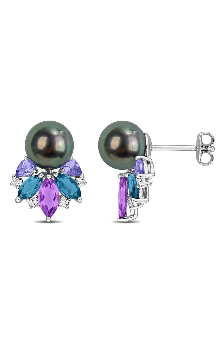 DELMAR 8-8.5mm Cultured Tahitian Pearl & Gemstone Cluster Earrings, Main, color, Silver/ Multi