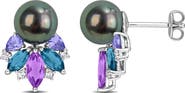 DELMAR 8-8.5mm Cultured Tahitian Pearl & Gemstone Cluster Earrings