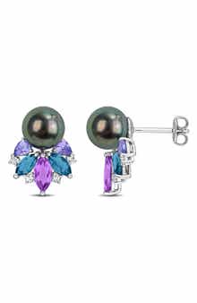 8-8.5mm Cultured Tahitian Pearl & Gemstone Cluster Earrings