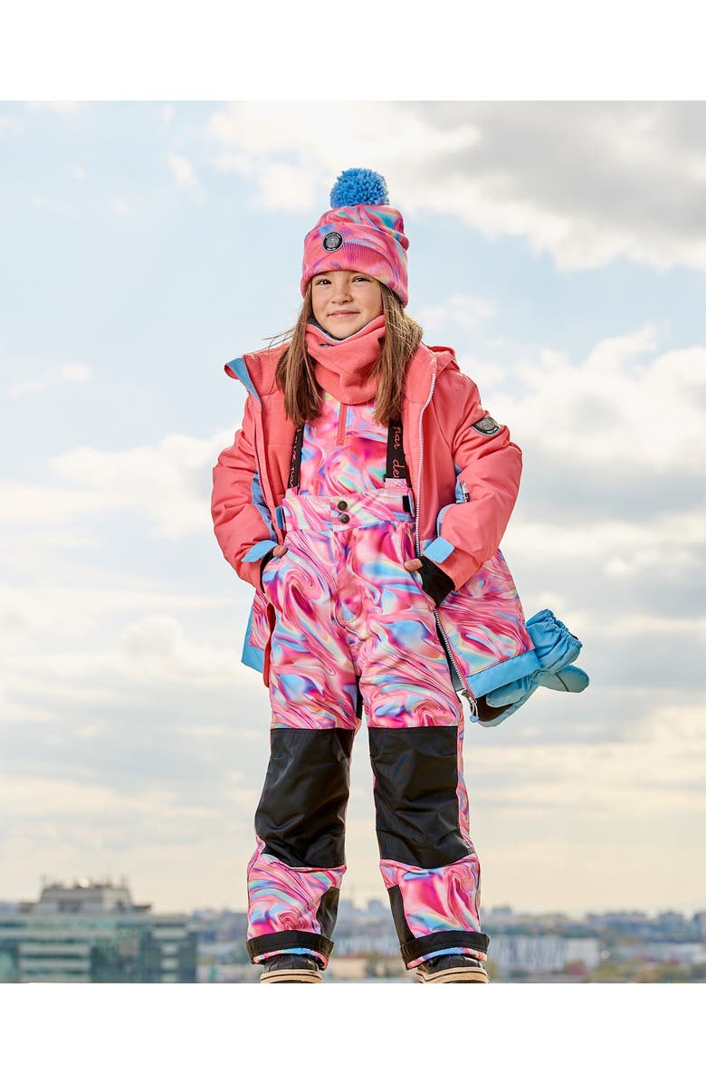 Deux par Deux Girl's Two Piece Snowsuit Colorblock Coral And Air Blue With Printed Marble, Alternate, color, 