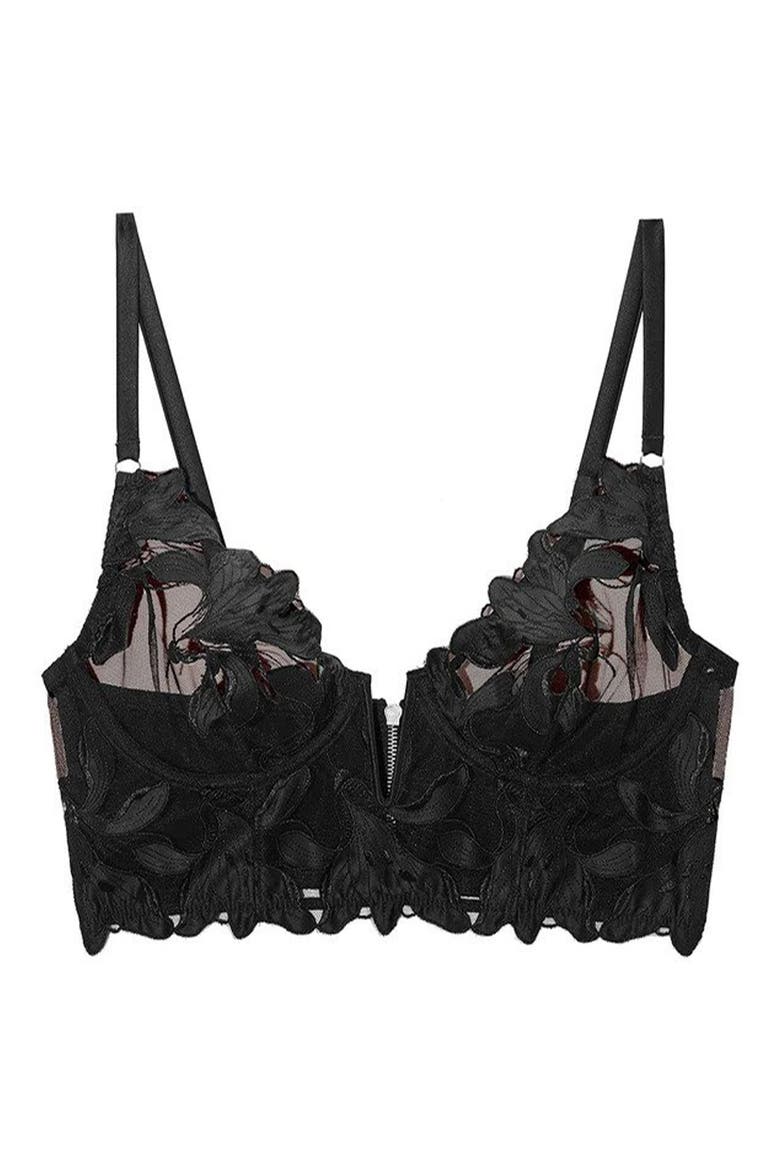 Fuller Cup Lily Embroidered Underwire Longline Bra, Main, color, BLACK