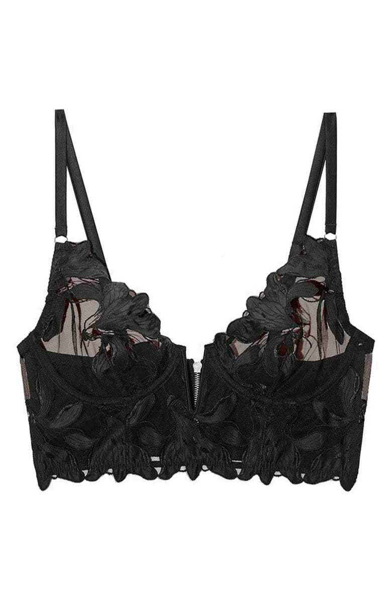 Fleur Du Mal Fuller Cup Lily Embroidered Underwire Longline Bra, Main, color, Black
