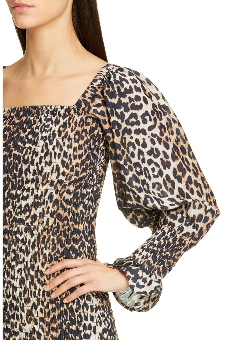 Leopard Print Long Sleeve Cotton & Silk Minidress, Alternate, color, LEOPARD