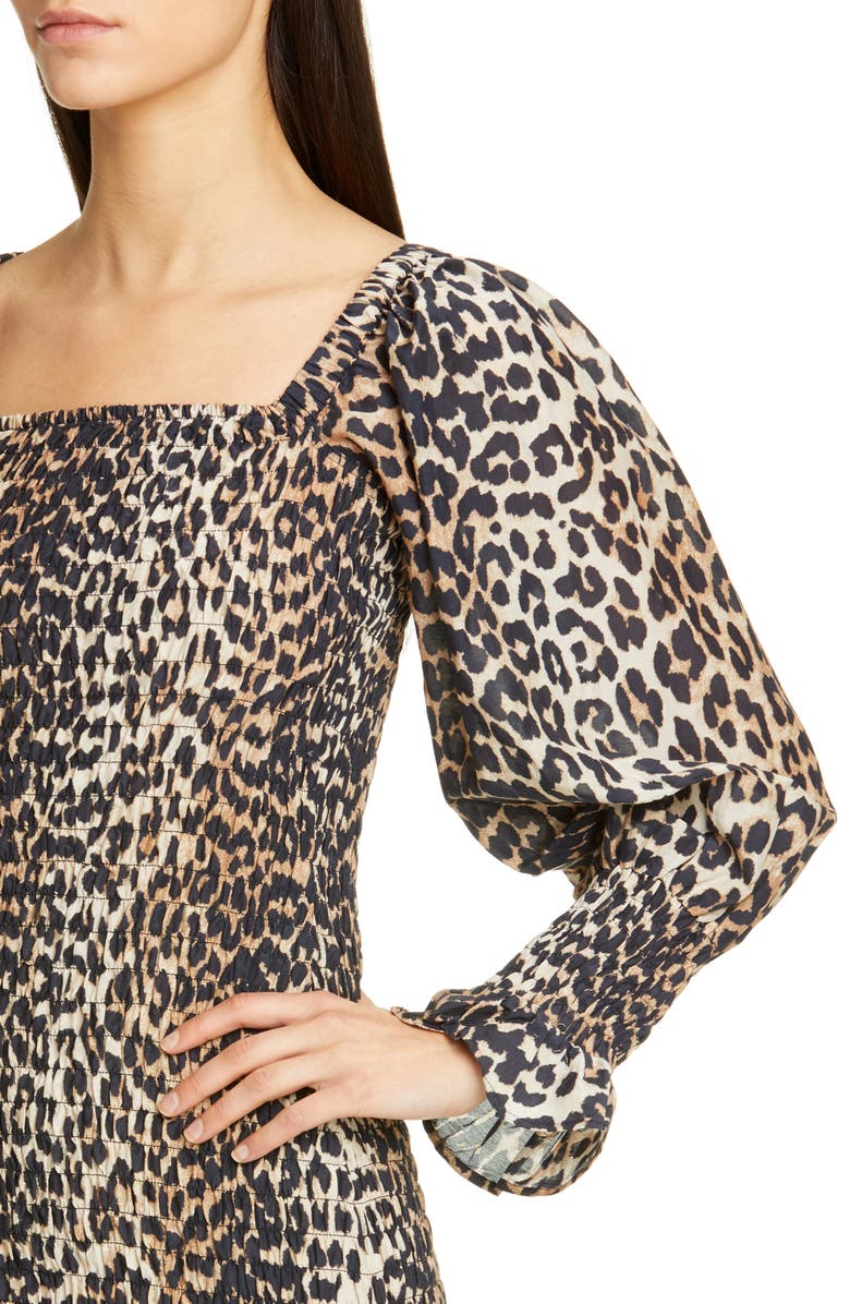 Ganni Leopard Print Long Sleeve Cotton & Silk Minidress, Alternate, color,