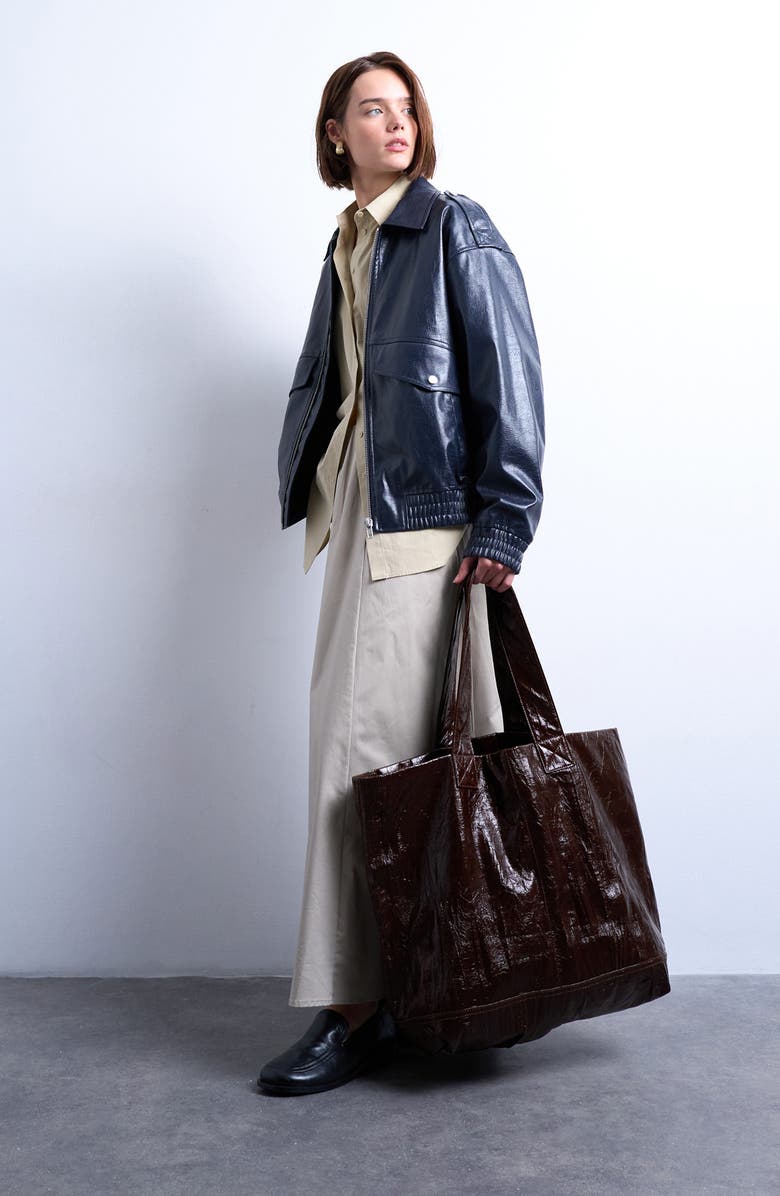 Topshop Crinkle Faux Leather Tote, Alternate, color, Brown