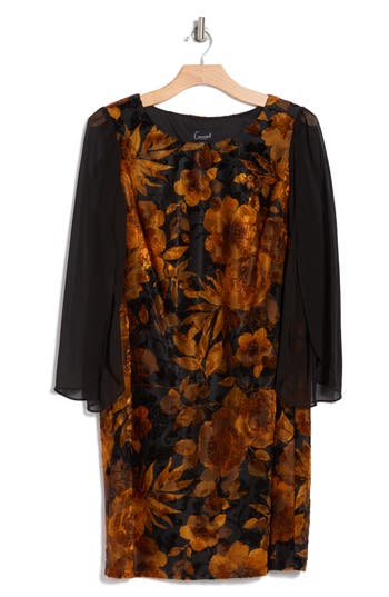 Connected Apparel Long Sleeve Velvet Burnout Dress In Mustard
