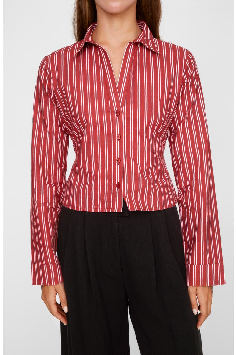 Fitted Stripe Crop Cotton Button-Up Shirt, Main, color, TOMATO RED