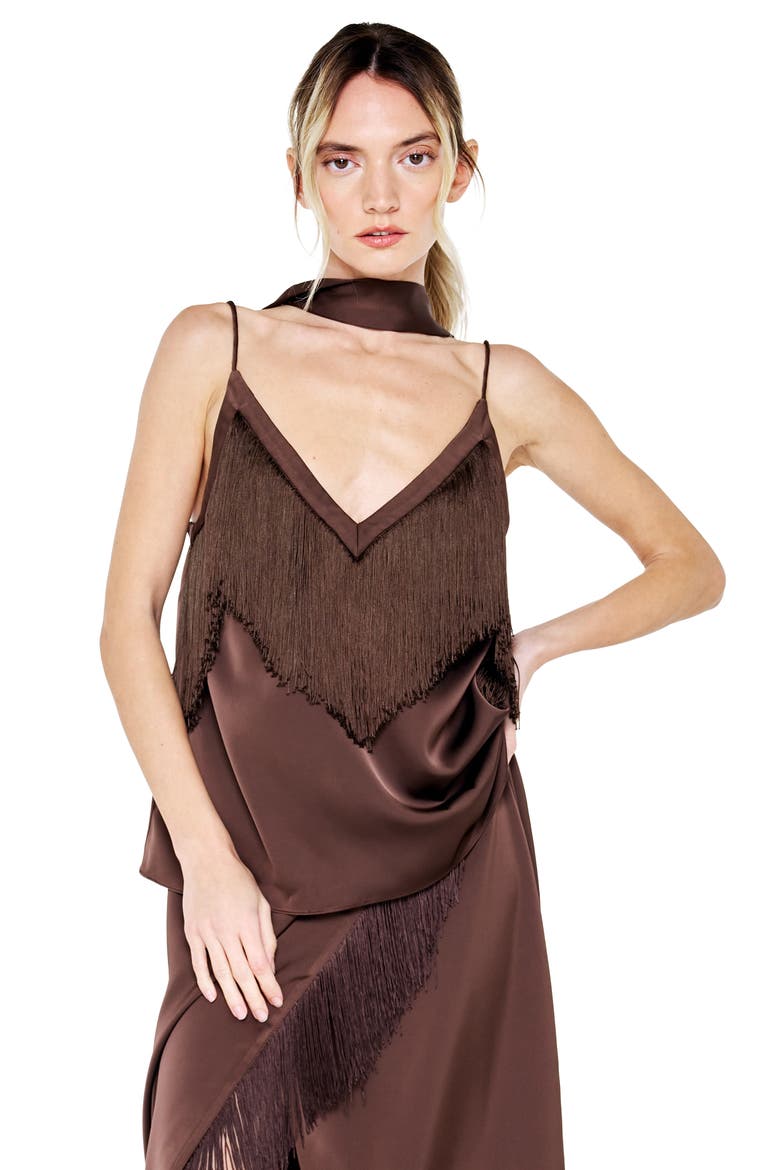 Enza Fringe Camisole with Scarf, Alternate, color, BROWN