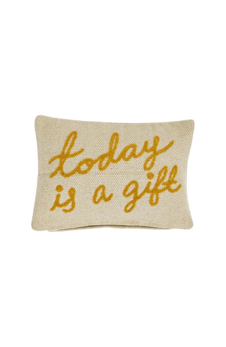 Storied Home Embroidered Cotton Lumbar Pillow with "Today Is A Gift" Design, Cream and Mustard, Main, color, Cream