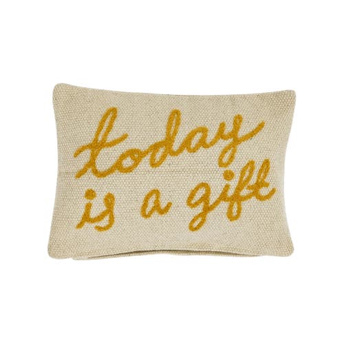 Storied Home Embroidered Cotton Lumbar Pillow With "today Is A Gift" Design, Cream And Mustard In White
