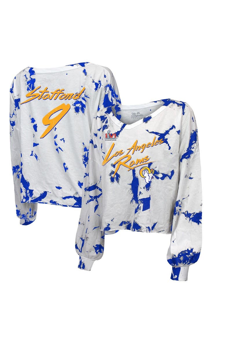 Women's Majestic Threads Matthew Stafford Royal/White Los Angeles Rams Super Bowl LVI Champions Off-Shoulder Tie-Dye Name & Number Long Sleeve V-Neck T-Shirt, Main, color, Royal