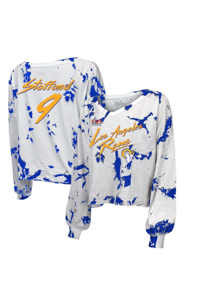 Majestic Threads Women's Majestic Threads Matthew Stafford Royal/White Los Angeles Rams Super Bowl LVI Champions Off-Shoulder Tie-Dye Name & Number Long Sleeve V-Neck T-Shirt, Main, color,