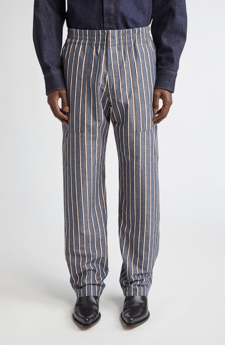 Bottega Veneta Cotton Blend Wide Leg Pants, Main, color, Blue/ Khaki/ Black