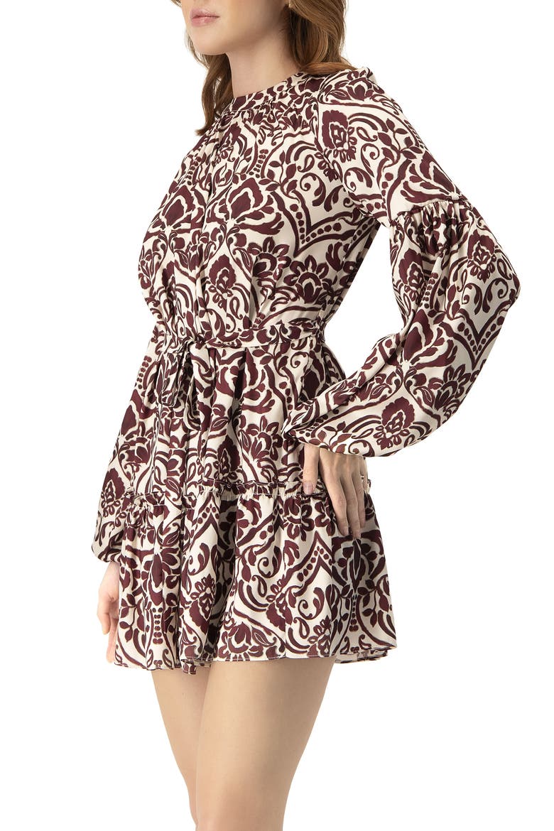 Puff Sleeve Abstract Print Short Dress, Alternate, color, Wine