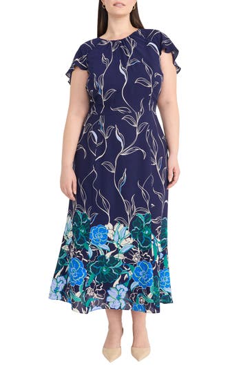 Maggy London Womens Floral Print Polyester Midi Dress In Multi